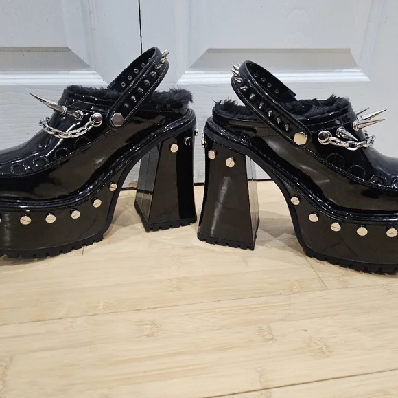 Dolls Kill Widow Black Silver Spiked Righteous Rebel Platform Mules Heels 8 9 - Picture 3 of 11